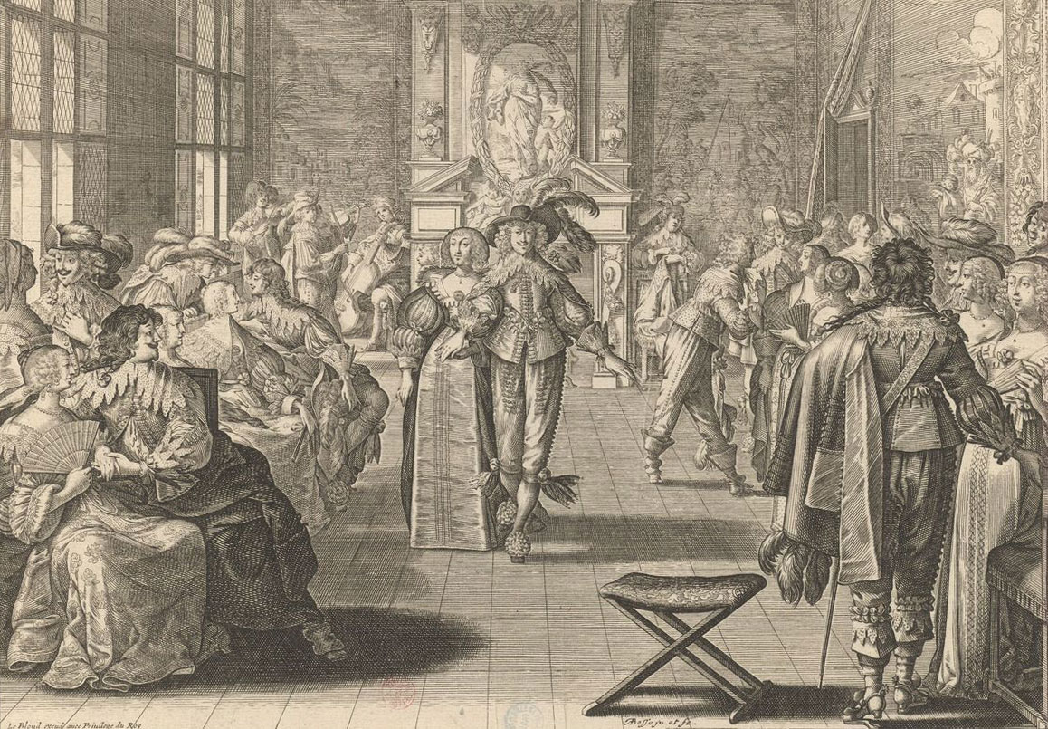 Gravure d'une scène de bal au XVIIe siècle