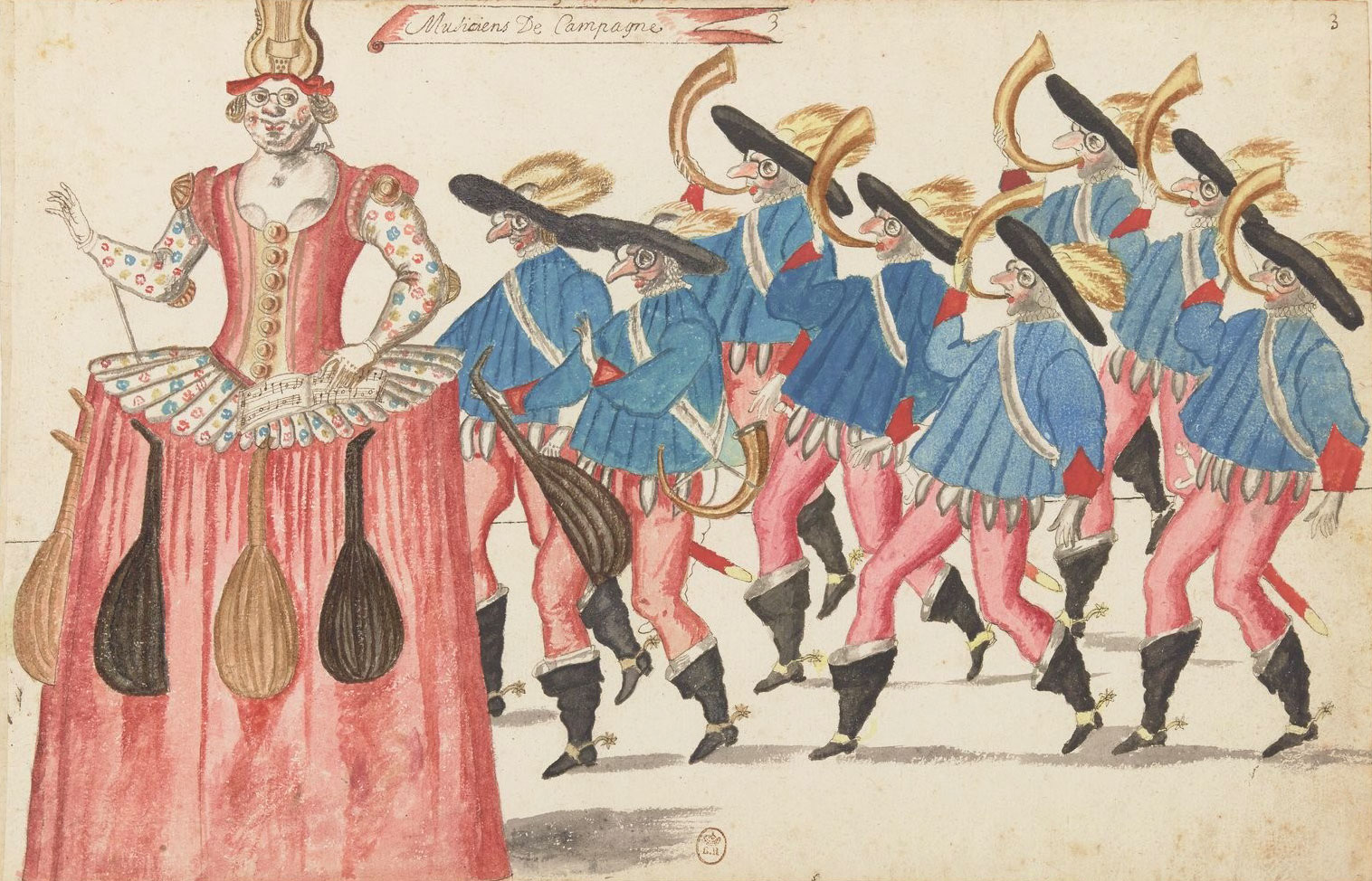 <i>Ballet des Fées de la forêt de Saint Germain</i> : "Musiciens de campagne", aquarelle de Daniel Rebel (1578-1637)