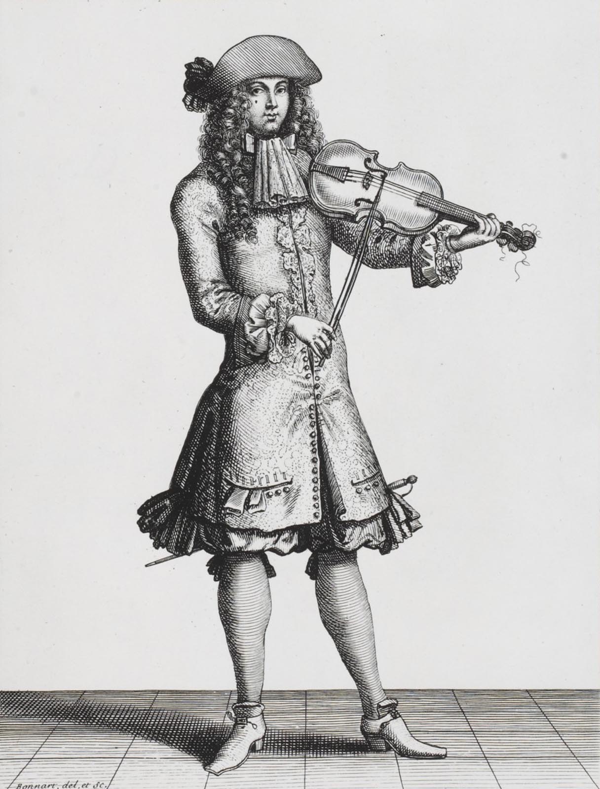 Gravure d'un maître à danser tenant un violon