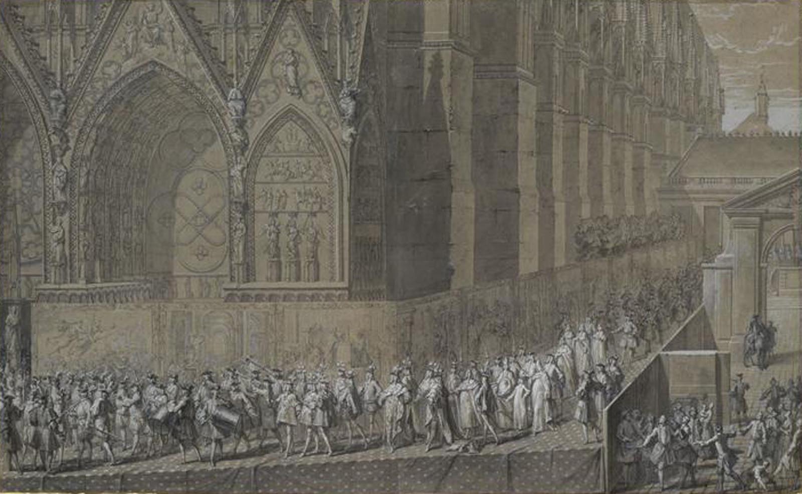 Représentation de Louis XV se rendant dans la cathédrale de Reims pour y être sacré roi de France