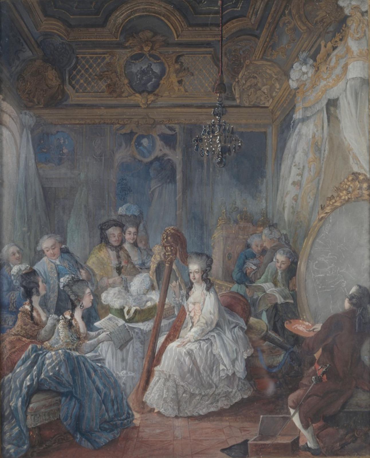 Portrait de Marie-Antoinette jouant de la harpe en public. Peinture de J. B. Adre Gautier d'Agoty.