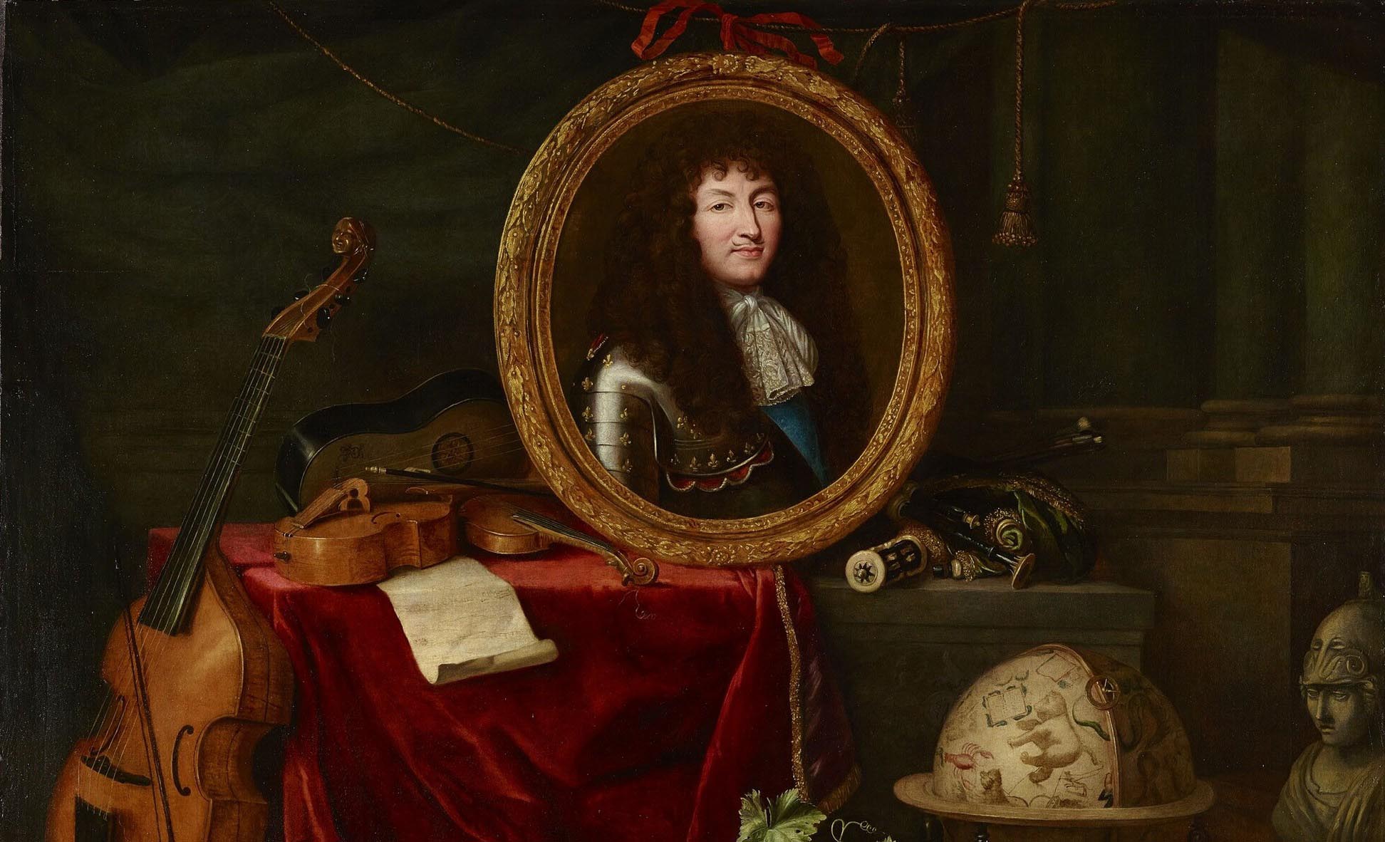 Portrait de Louis XIV entouré de différents attributs des arts. Peinture de Jean Garnier.