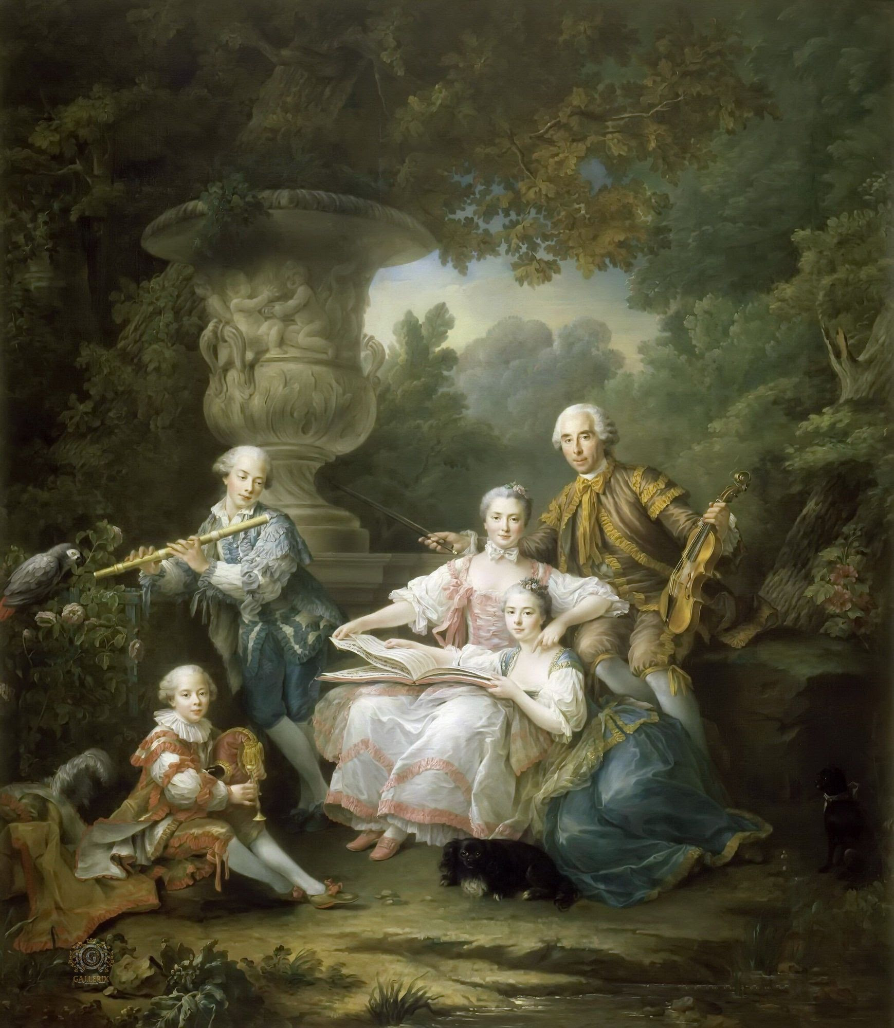 Représentation d'une famille de nobles jouant de la musique dans un cadre champêtre