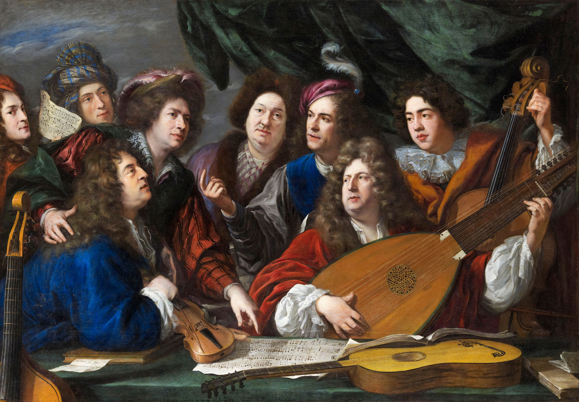 Assemblée de nobles autours d'une table avec Luth, viole, violon, violoncelle et guitarre. Peinture de F. Puget.