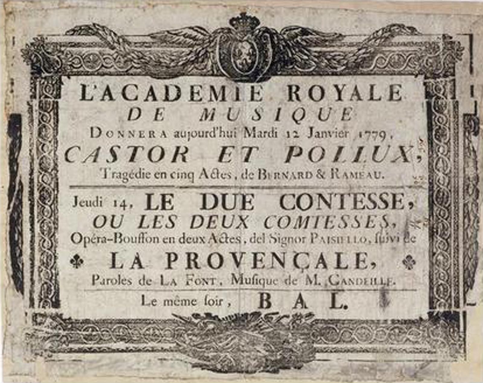 Affiche annonçant la représentation du spectacle Castor et Pollux de Rameau à l'Académie royale de Musique.