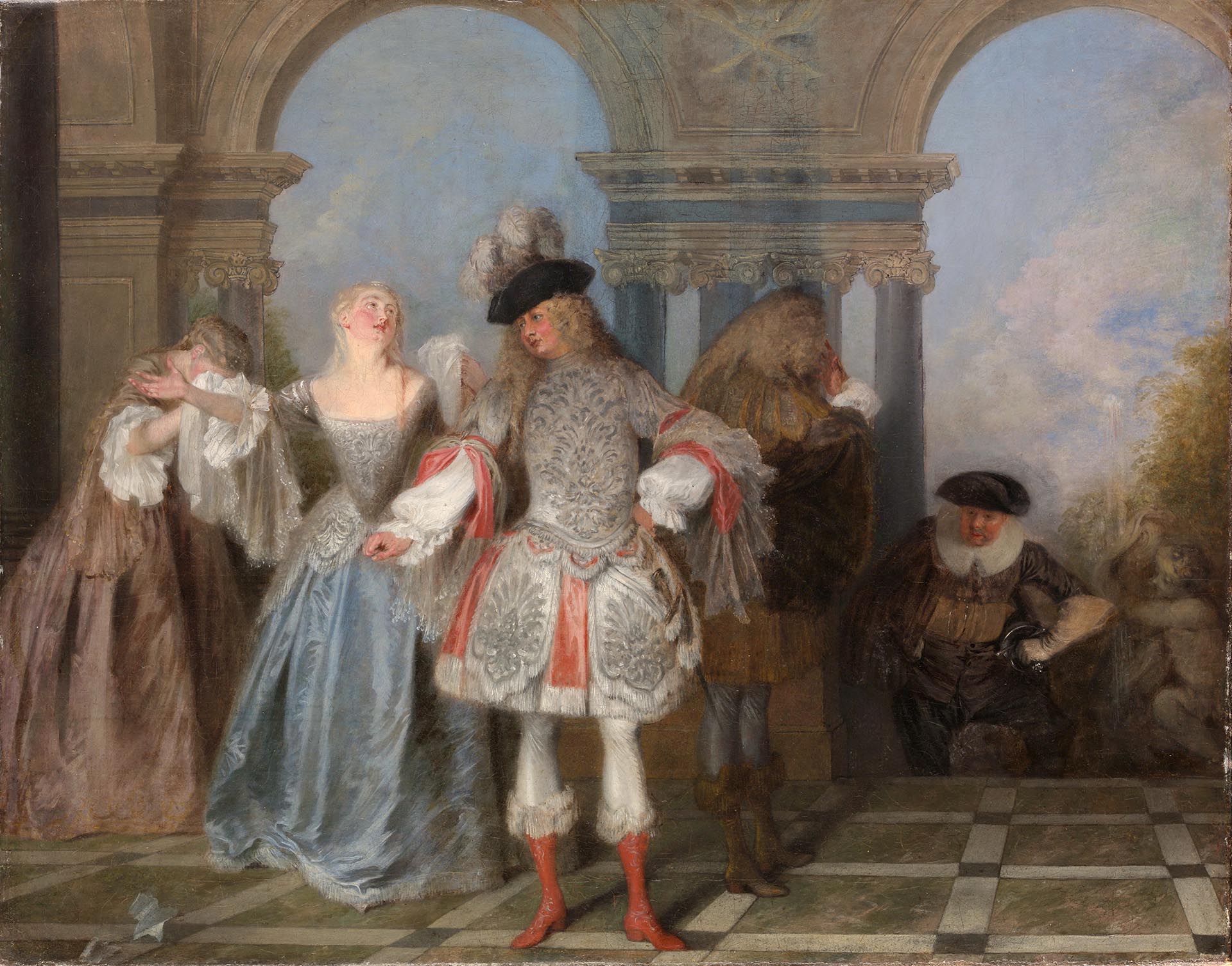 Peinture par Watteau d'une scène de théâtre représentant les Comédiens Français