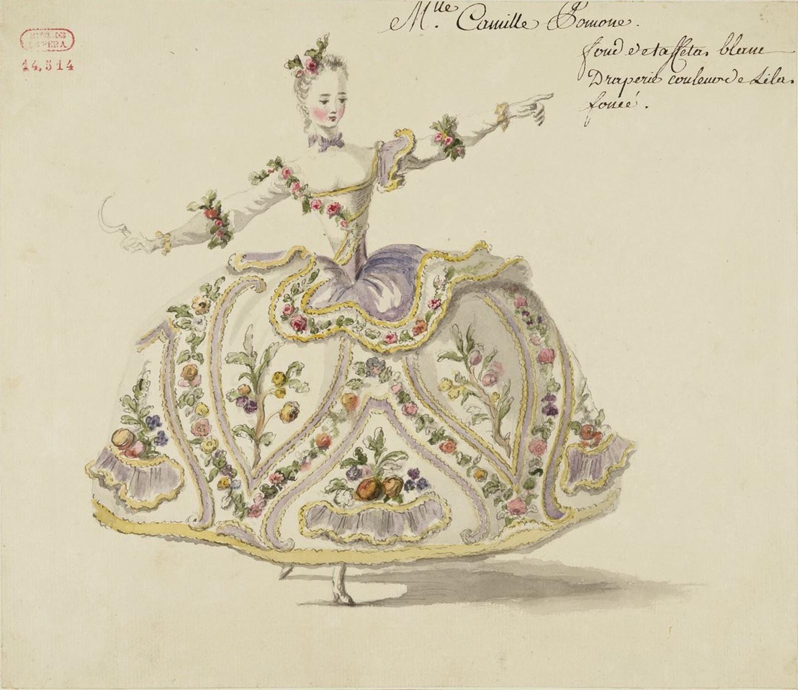Maquette de costume représentant Mlle Pomone dansant, XVIIIe siècle