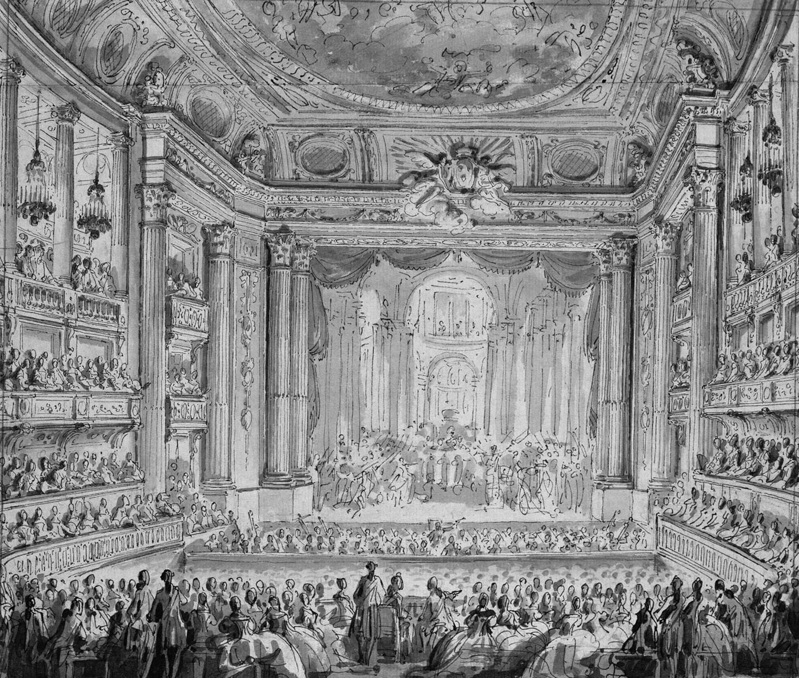 Dessin de J. M. Moreau à l'encre d'une représentation d'un opéra au château de Versailles