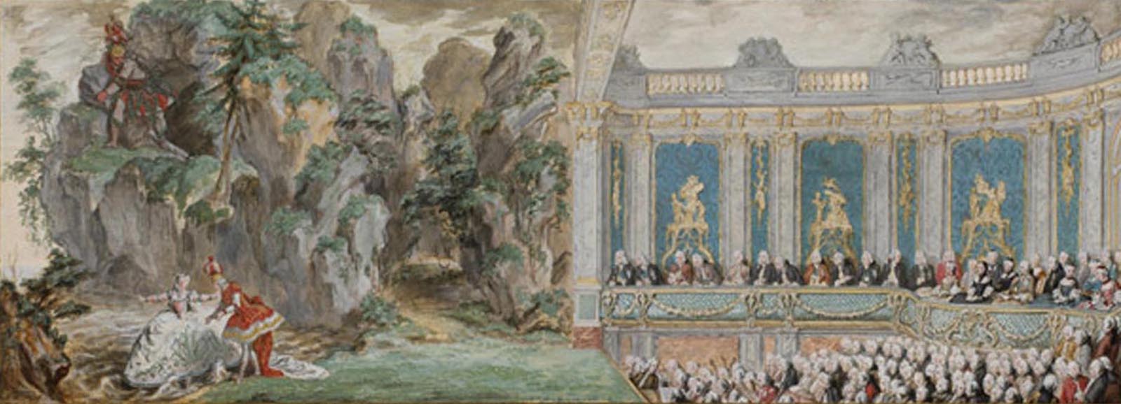 Peinture figurant une représentation de l'opéra Acis et Galatée de Lully au théâtre des petits Appartements de Versailles, avec Mme de Pompadour sur scène