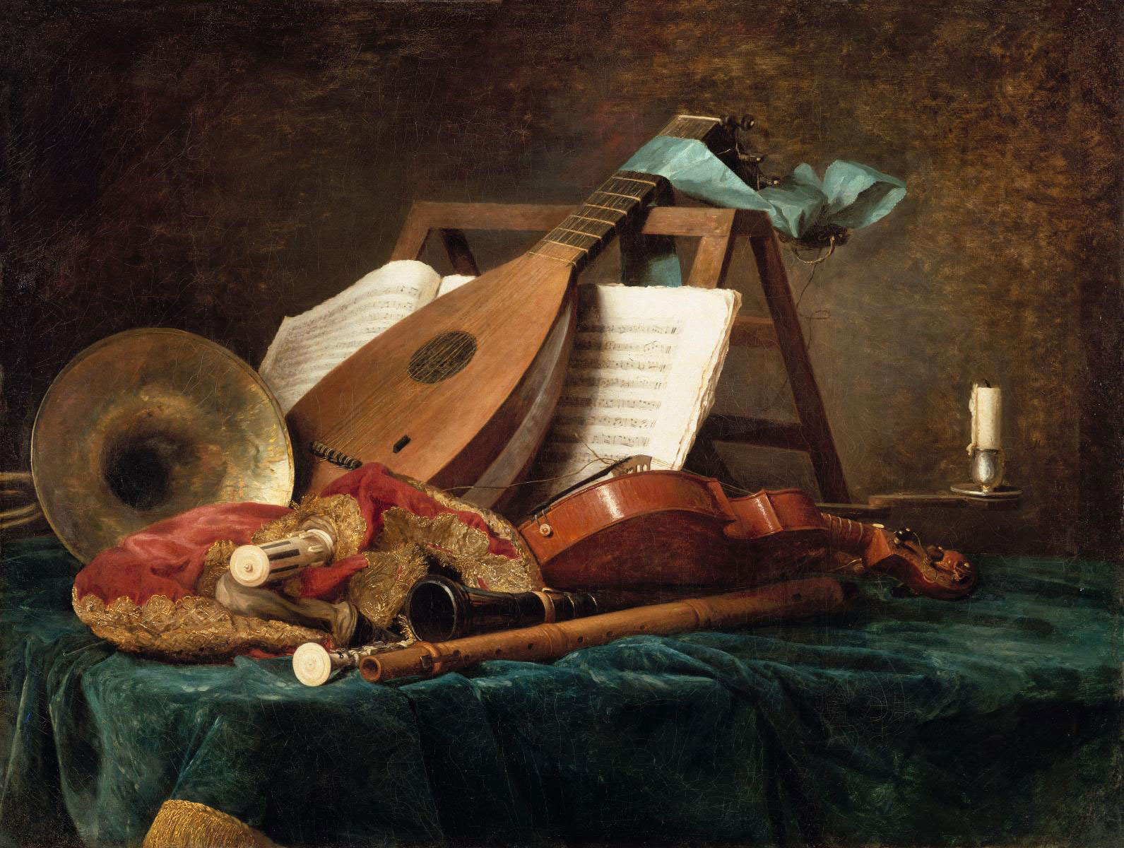 Nature morte aux instruments figurant une flûte, un violon, un hautbois, une musette, un luth et un cor