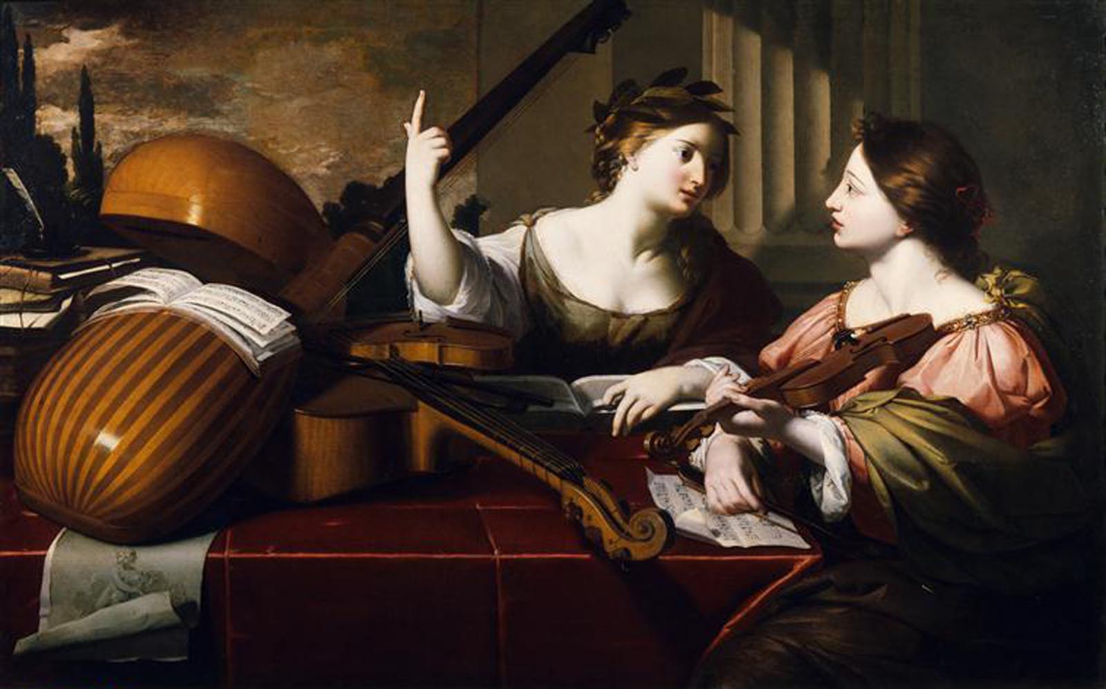 Peinture allégorique représentant la Muse inspirant une musicienne jouant des cordes, par Nicolas Régnier