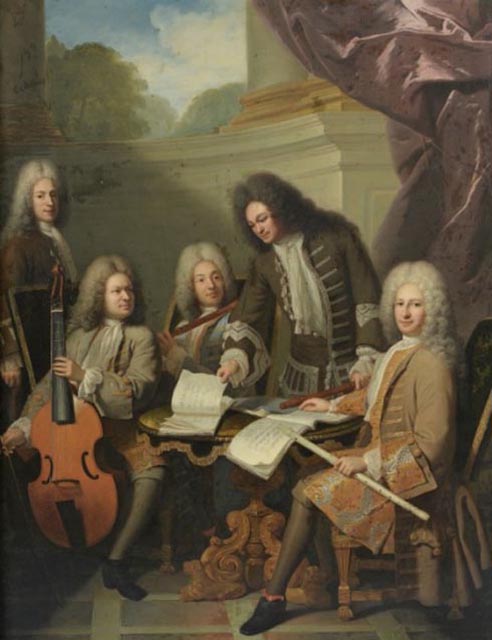 Représentation peinte du flûtiste Michel de La Barre entouré de deux des frères Hotteterre et du violiste Antoine Forqueray, par André Bouys, vers 1710.