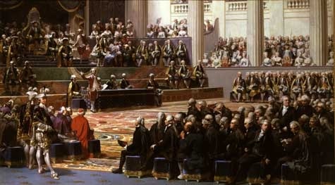 Séance d'ouverture de l'Assemblée Nationale aux Etats Généraux à l'Hôtel des Menus Plaisirs en 1789