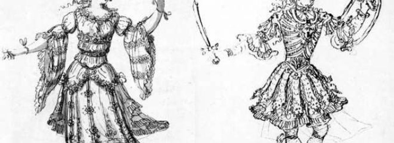 Armide projets de costumes par Jean Berain nymphe et héros pour Armide de Quinault et Lully, 1686