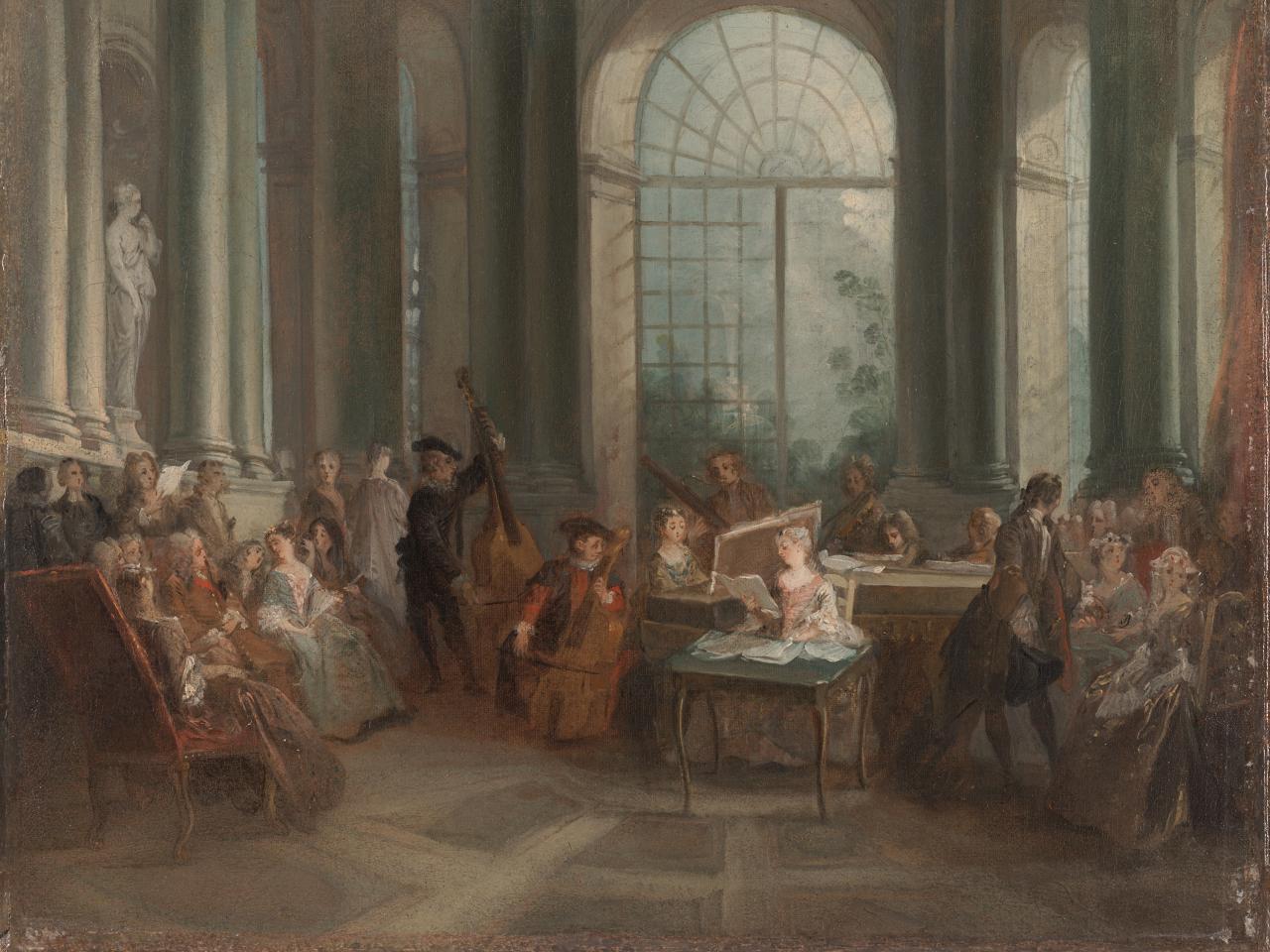 Petit concert dans le salon de Pierre Crozat, six musiciens. Peinture de Lancret.